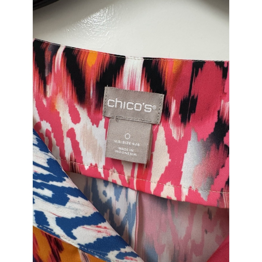 Chico's Size 0 Oversized Wide Tunic Blouse Multicolor Ikat Print Pink Blue EUC - Picture 4 of 10